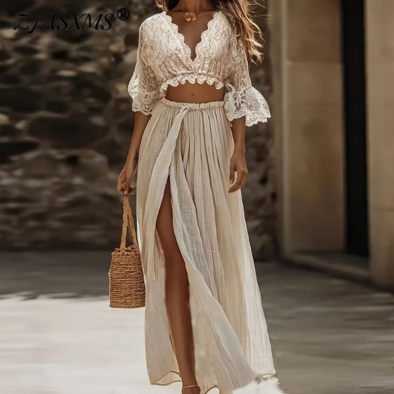 Women'S Formal Wear Suits - Damen Boho-Spitzen-Zweiteiler: Sexy Crop-Top mit tiefem