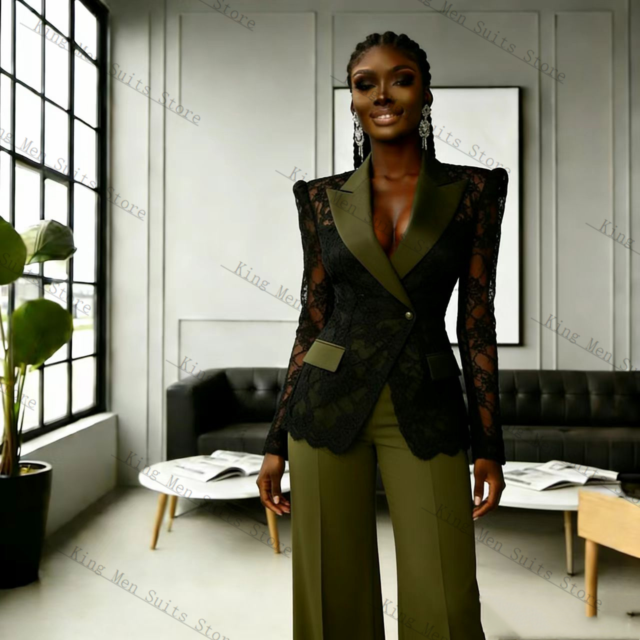 Women'S Formal Wear Wedding Guest - Grün-Schwarzes Spitzen-Damenanzug-Set 2-teilig Blazer+Hose Herbst Frühling