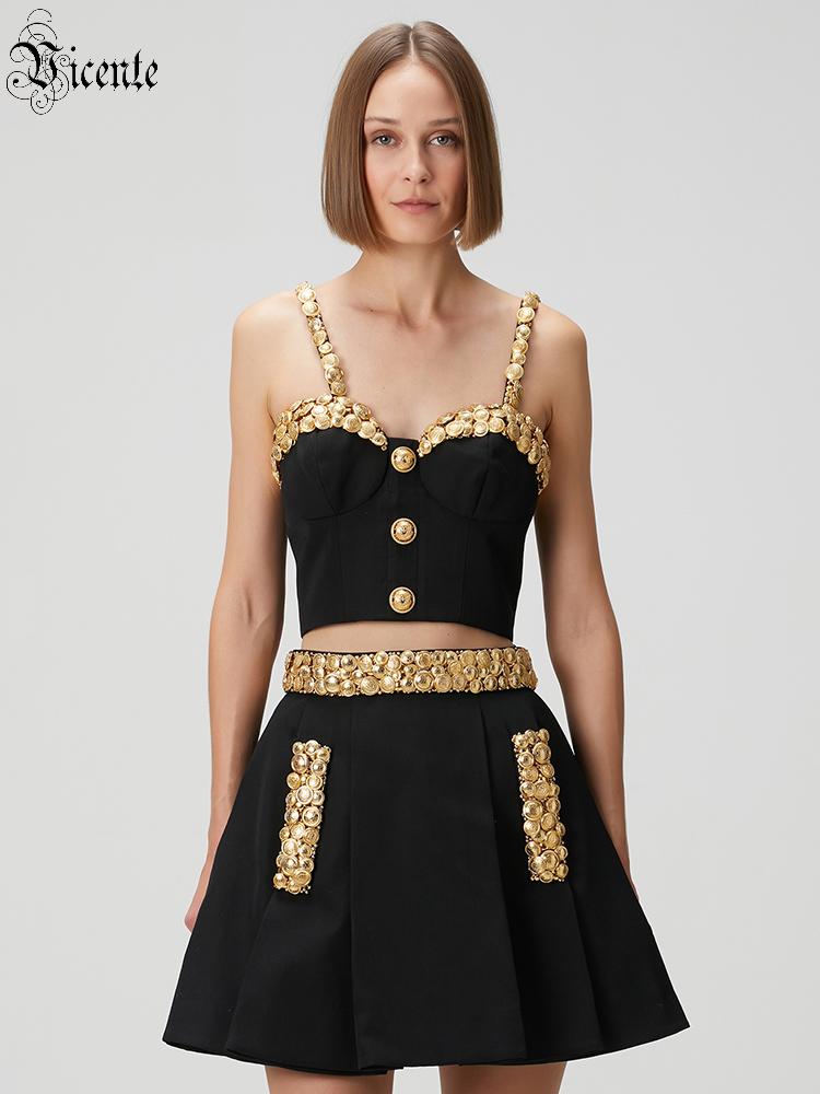 Women'S Holiday Formal Wear - VC Schwarzes zweiteiliges Set mit goldenen