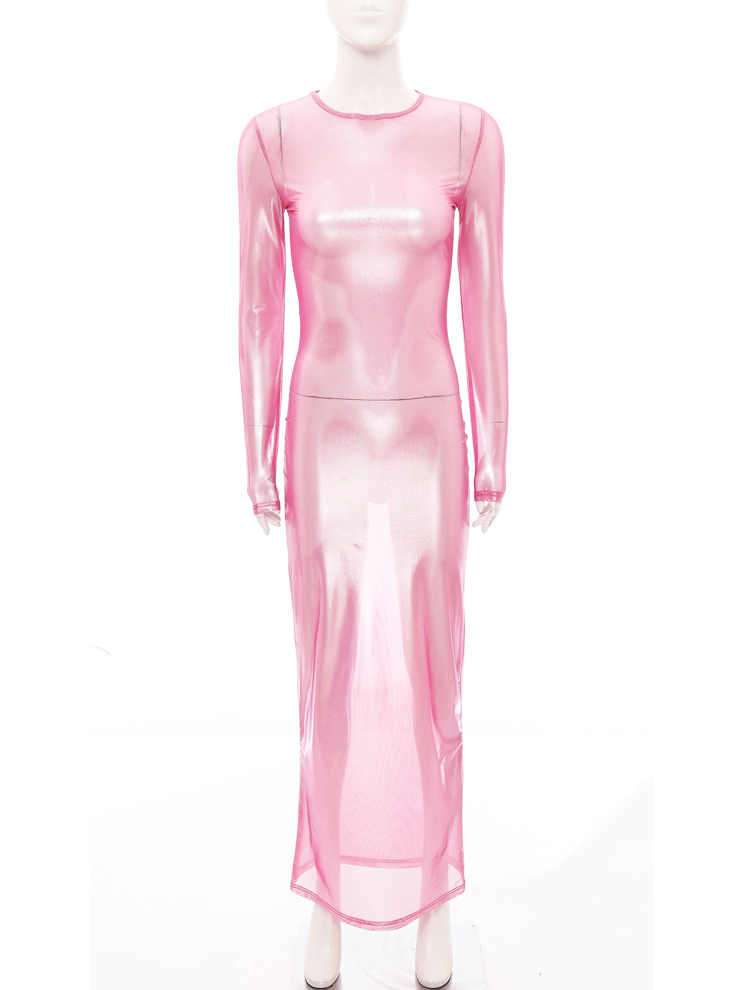 Formal Wear Gowns For Women - Damen-Kleid, glänzend, metallisch, durchsichtig, langärmelig, figurbetontes