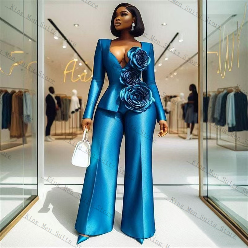 Women'S Formal Wear Wedding Guest - Blaues Satin-Damenanzug-Set, 2-teilig, Blazer + lockere